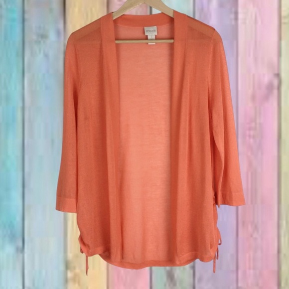 Chico’s Coral Orange Ruched Lightweight Open Style Cardigan - Picture 1 of 9